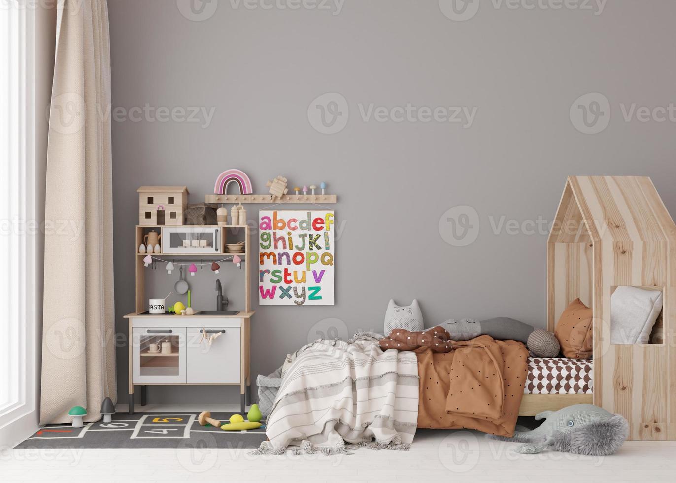Empty gray wall in modern child room. Mock up interior in scandinavian style. Copy space for your picture or poster. Bed, toys. Cozy room for kids. 3D rendering. photo