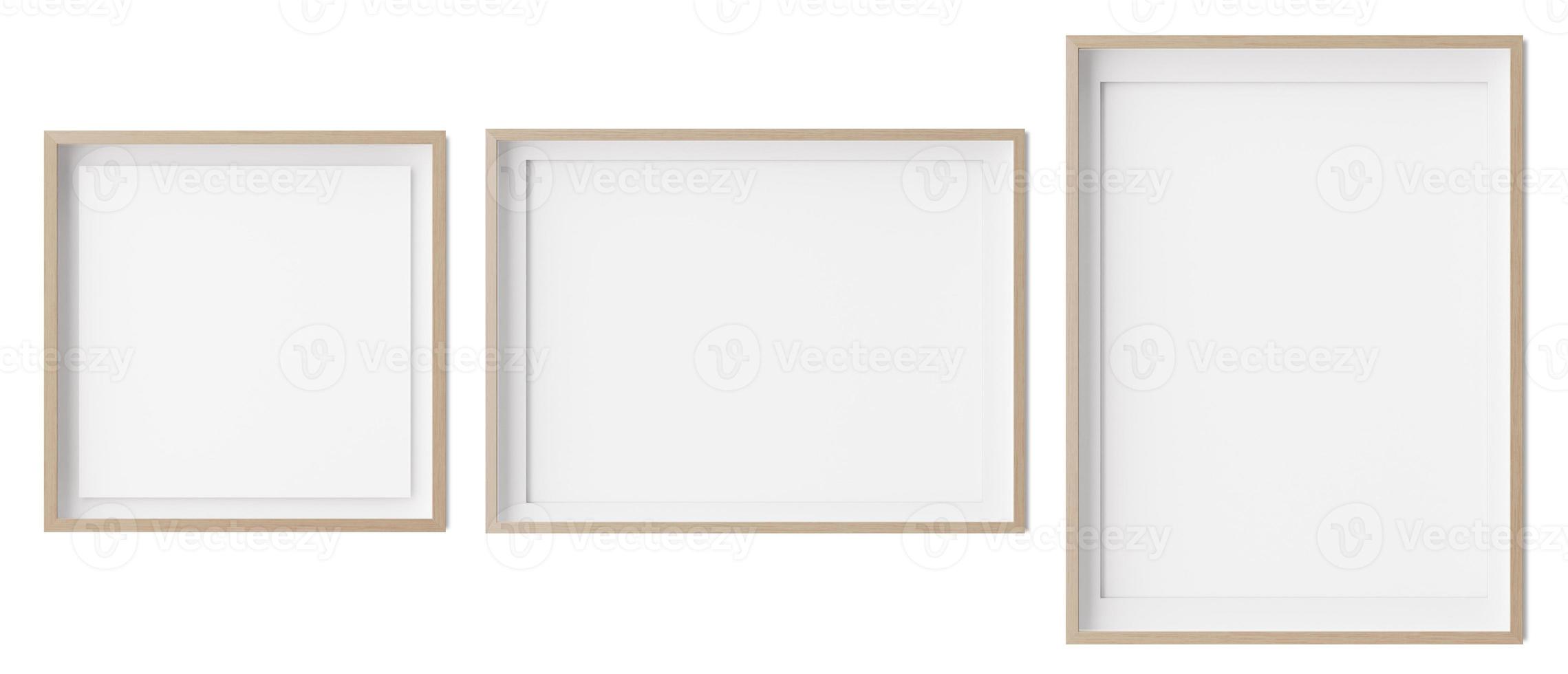 Set of square, horizontal und vertical picture frames isolated on white background. Wooden frames with white paper border inside. Template, mockup for your picture or poster. 3d rendering. photo