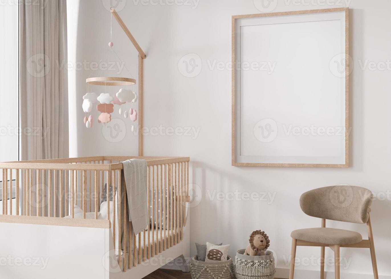 marco de imagen vertical vacío en la pared blanca en la habitación infantil moderna. maqueta interior en estilo escandinavo. gratis, copie el espacio para su imagen. cuna, silla. habitación acogedora para niños. representación 3d foto