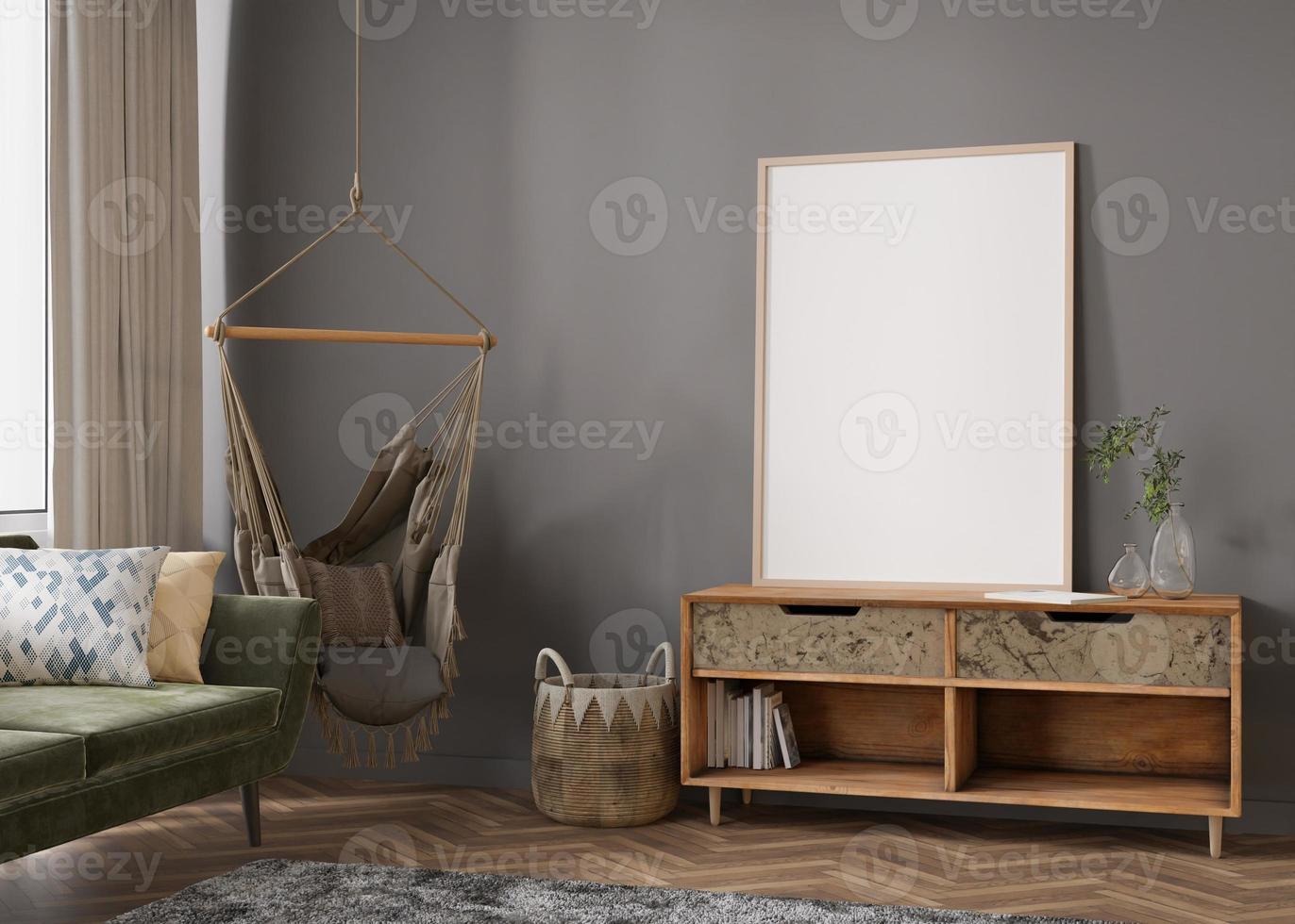 Empty vertical picture frame on grey wall in modern living room. Mock up interior in boho style. Free, copy space for your picture, poster. Hanging armchair, sofa, rattan basket, vase. 3D rendering. photo