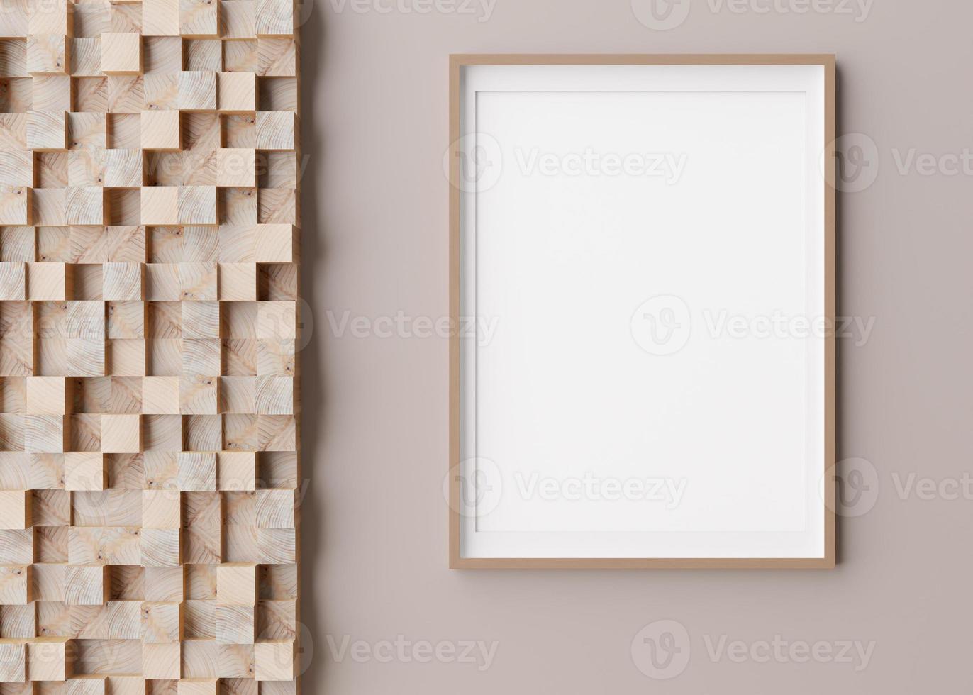 Blank vertical picture frame hanging on beige wall. Template, mock up for your artwork, picture or poster. Empty, copy space. Close up view. Simple, minimalist mockup. 3D rendering. photo