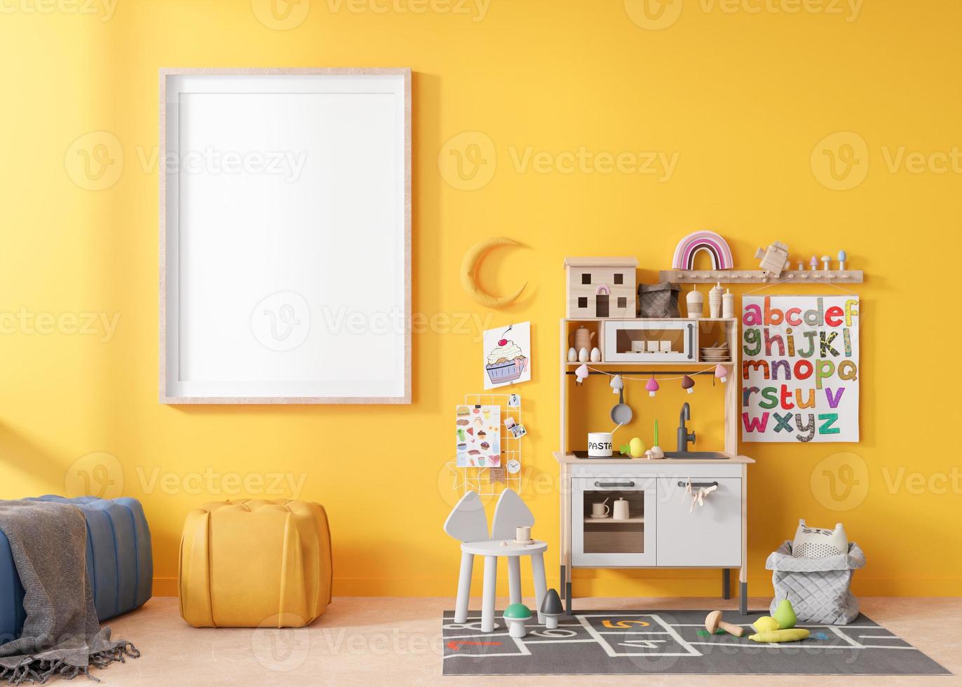 Empty vertical picture frame on yellow wall in modern child room. Mock up interior in scandinavian style. Free, copy space for your picture. Play kitchen, toys. Cozy room for kids. 3D rendering. photo
