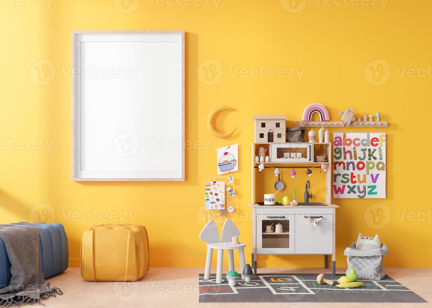 marco de imagen vertical vacío en la pared amarilla en la habitación infantil moderna. maqueta interior en estilo escandinavo. gratis, copie el espacio para su imagen. cocina de juego, juguetes. habitación acogedora para niños. representación 3d foto