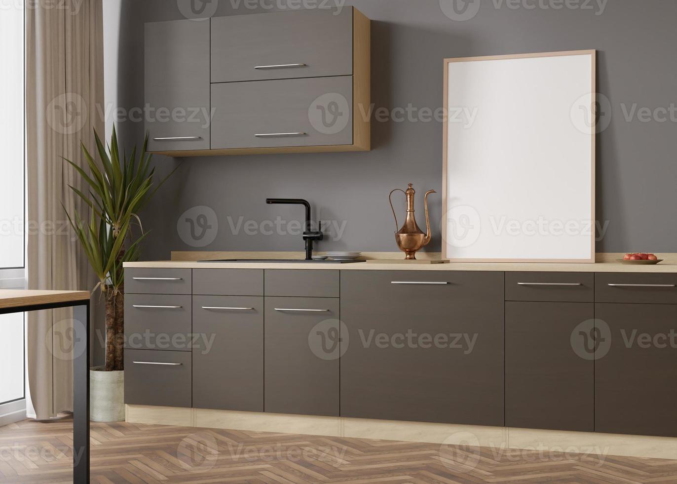 Empty vertical picture frame standing in modern kitchen. Mock up interior in contemporary style. Free, copy space for your picture, poster. Kitchen, plant, parquet floor. 3D rendering. photo