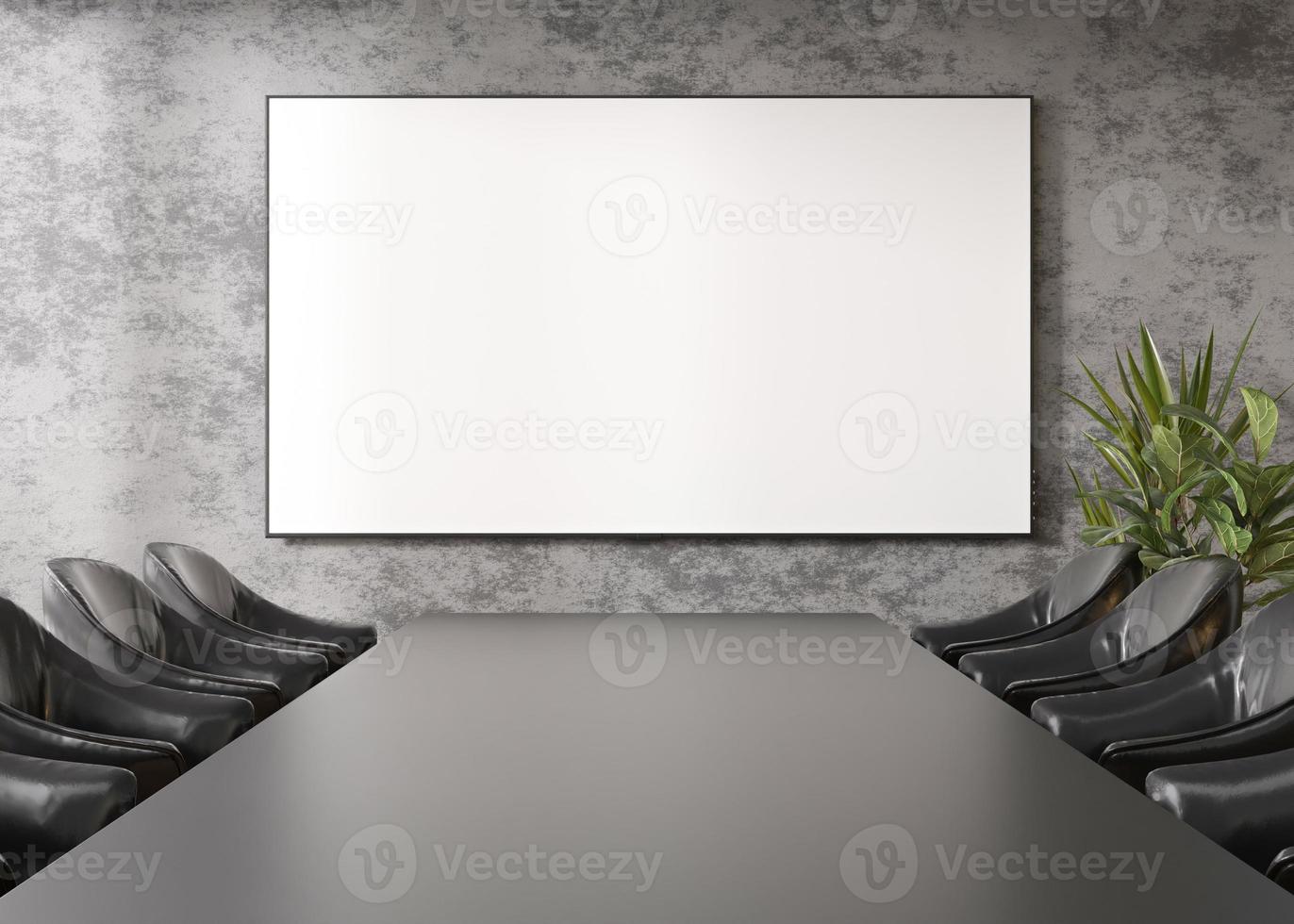 Conference room with blank, empty TV screen. Monitor mock up. Business meeting room with LCD screen for presentation, advertising. Modern, contemporary office. Free, copy space, template. 3d rendering photo