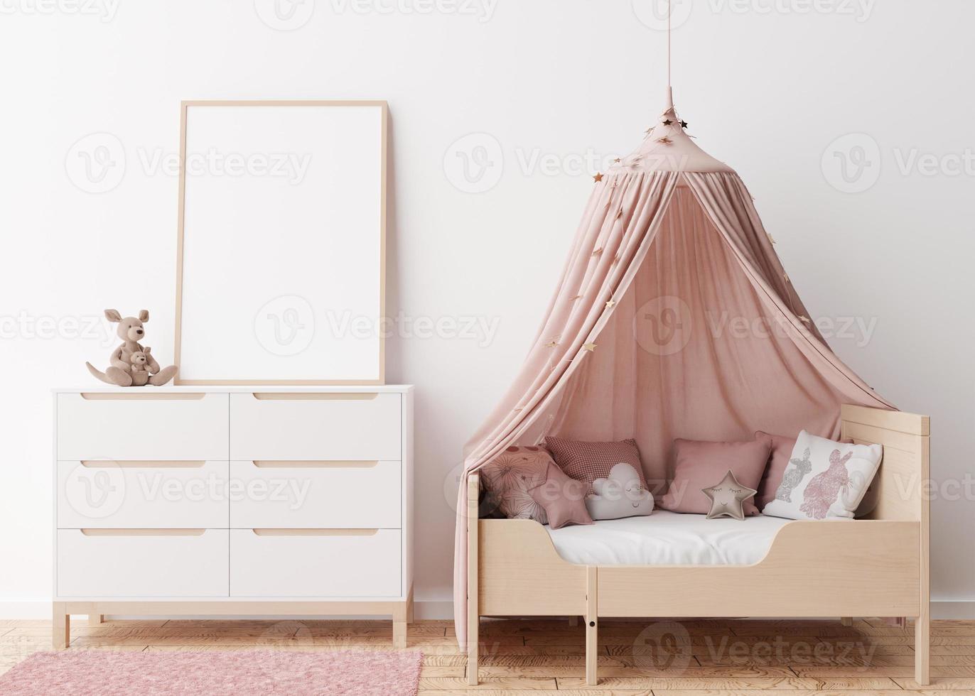 Empty vertical picture frame on white wall in modern child room. Mock up interior in scandinavian style. Free, copy space for your picture. Bed, console, toys. Cozy room for kids. 3D rendering. photo