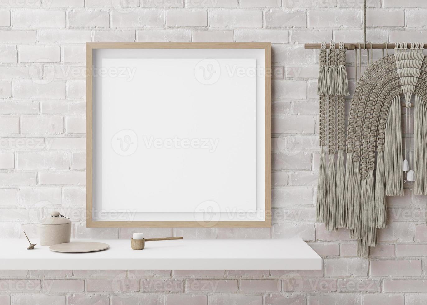 Empty square picture frame on white brick wall in modern room. Mock up interior in contemporary, boho style. Free, copy space for picture. Macrame. 3D rendering. photo