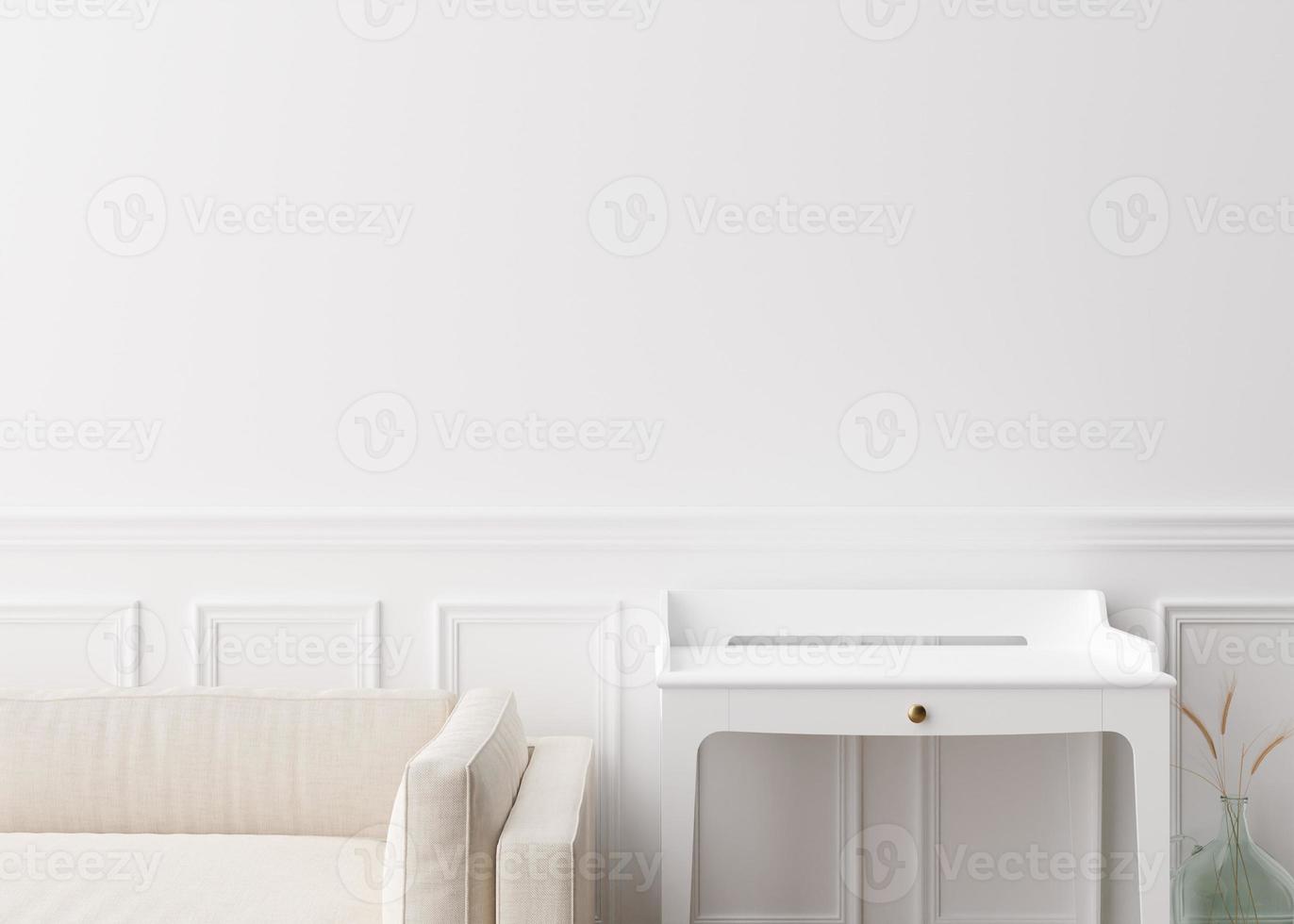 Empty white wall in modern living room. Mock up interior in contemporary style. Free, copy space for your picture, text, or another design. Sofa, table, vase with dried grass. 3D rendering. photo