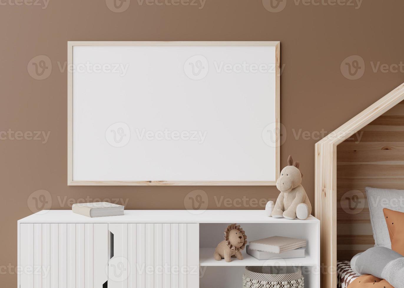 Empty horizontal picture frame on brown wall in modern child room. Mock up interior in scandinavian style. Free, copy space for your picture, poster. Close up view. Cozy room for kids. 3D rendering. photo