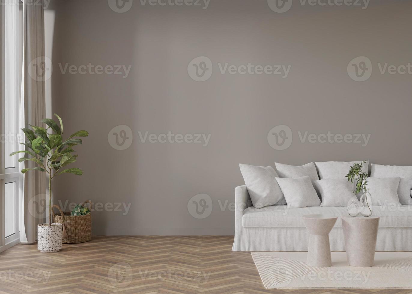 Empty grey wall in modern living room. Mock up interior in contemporary style. Free, copy space for your picture, text, or another design. Sofa, carpet, table. 3D rendering. photo