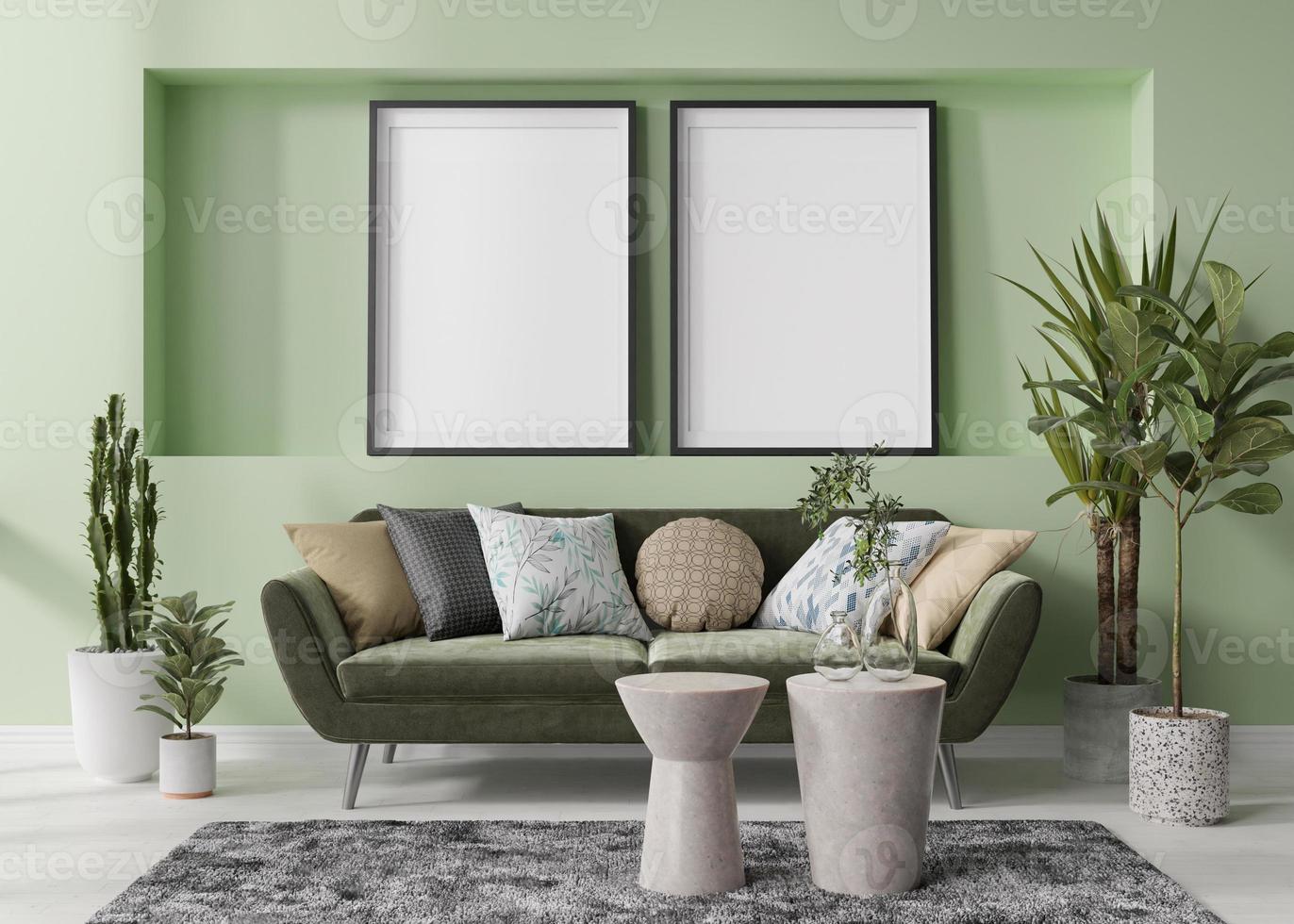 Two empty vertical picture frames on green wall in modern living room. Mock up interior in contemporary, scandinavian style. Free space for picture, poster. Sofa, table, carpet, plants. 3D rendering. photo