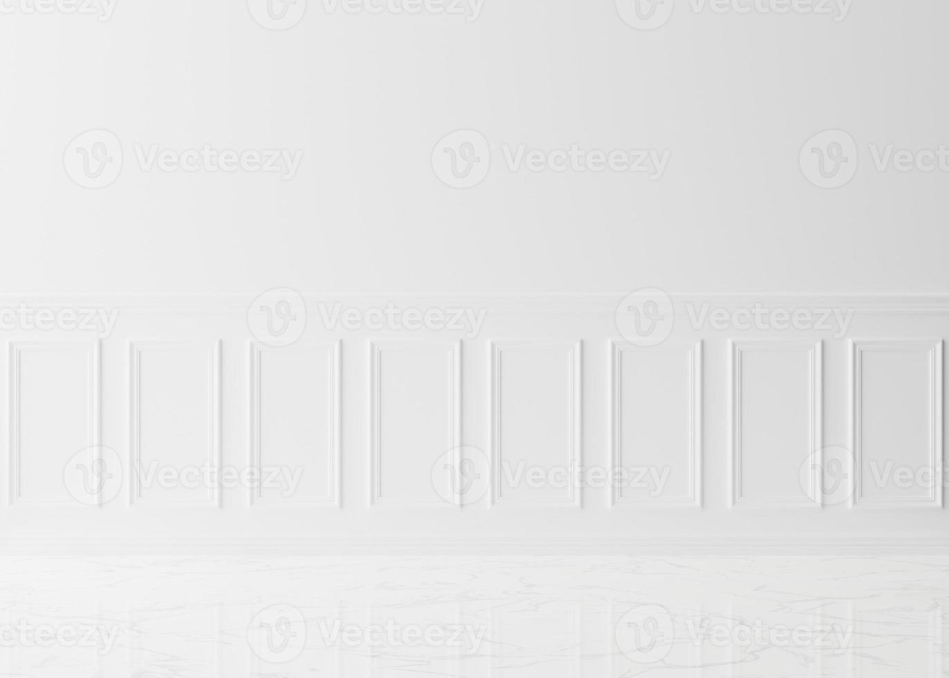 Empty room, white wall with moldings and marble floor. Only wall and floor. Mock up interior. Free, copy space for your furniture, picture and other objects. 3D rendering. photo