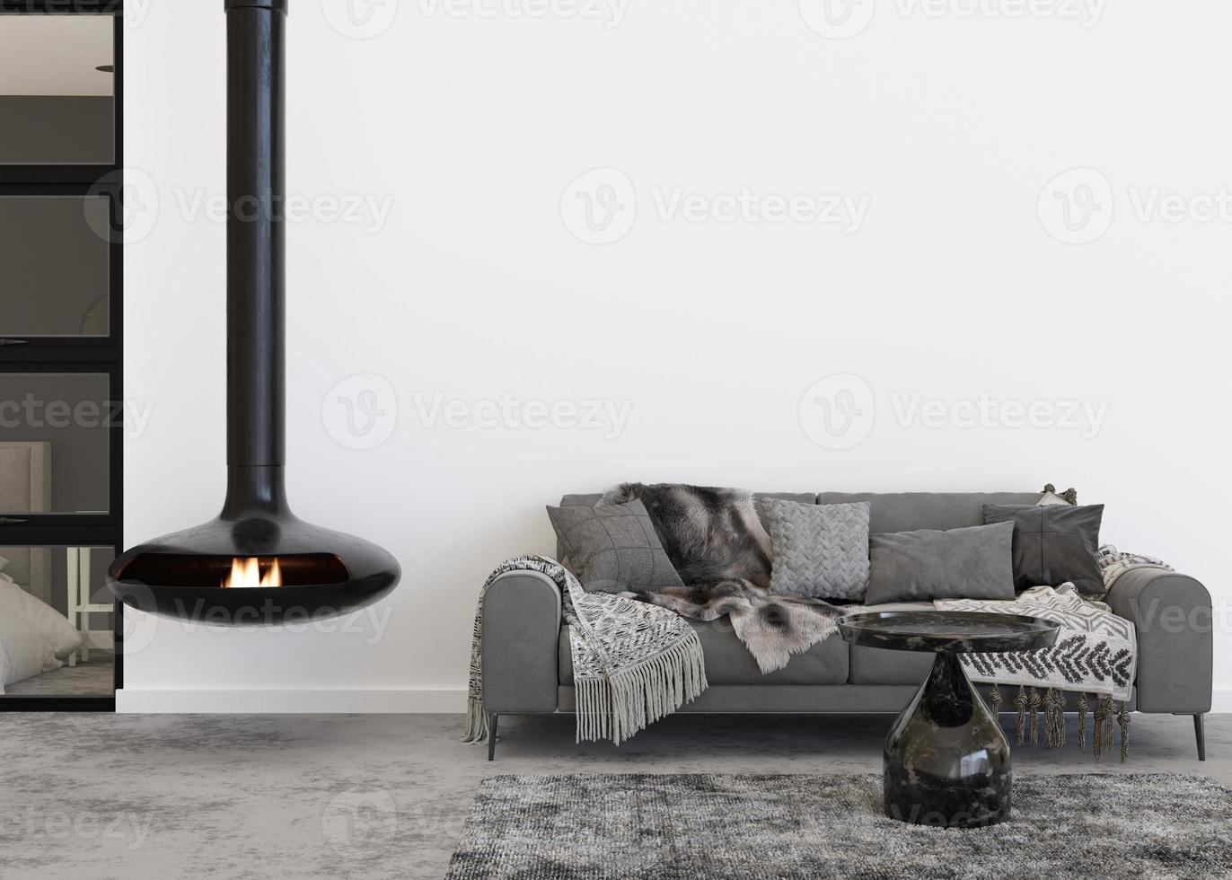 Empty white wall in modern living room. Mock up interior in contemporary, loft style. Free, copy space for your picture, text, or another design. Sofa, fireplace, table, carpet. 3D rendering. photo