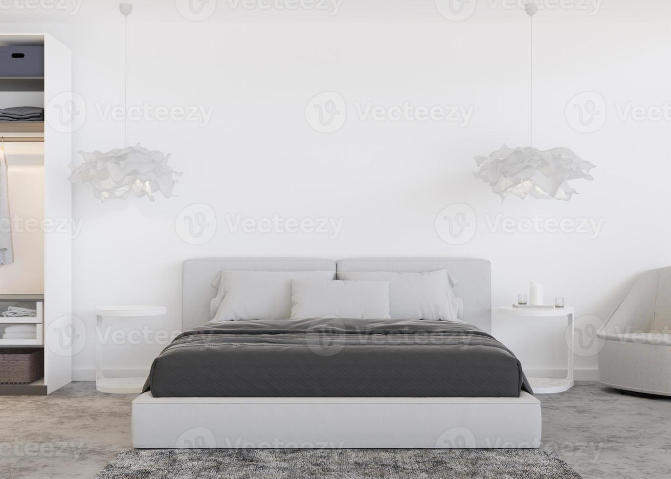 pared blanca vacía en un dormitorio moderno y acogedor. maqueta interior en estilo contemporáneo. gratis, copie el espacio para su imagen, texto u otro diseño. cama, lámparas. representación 3d foto