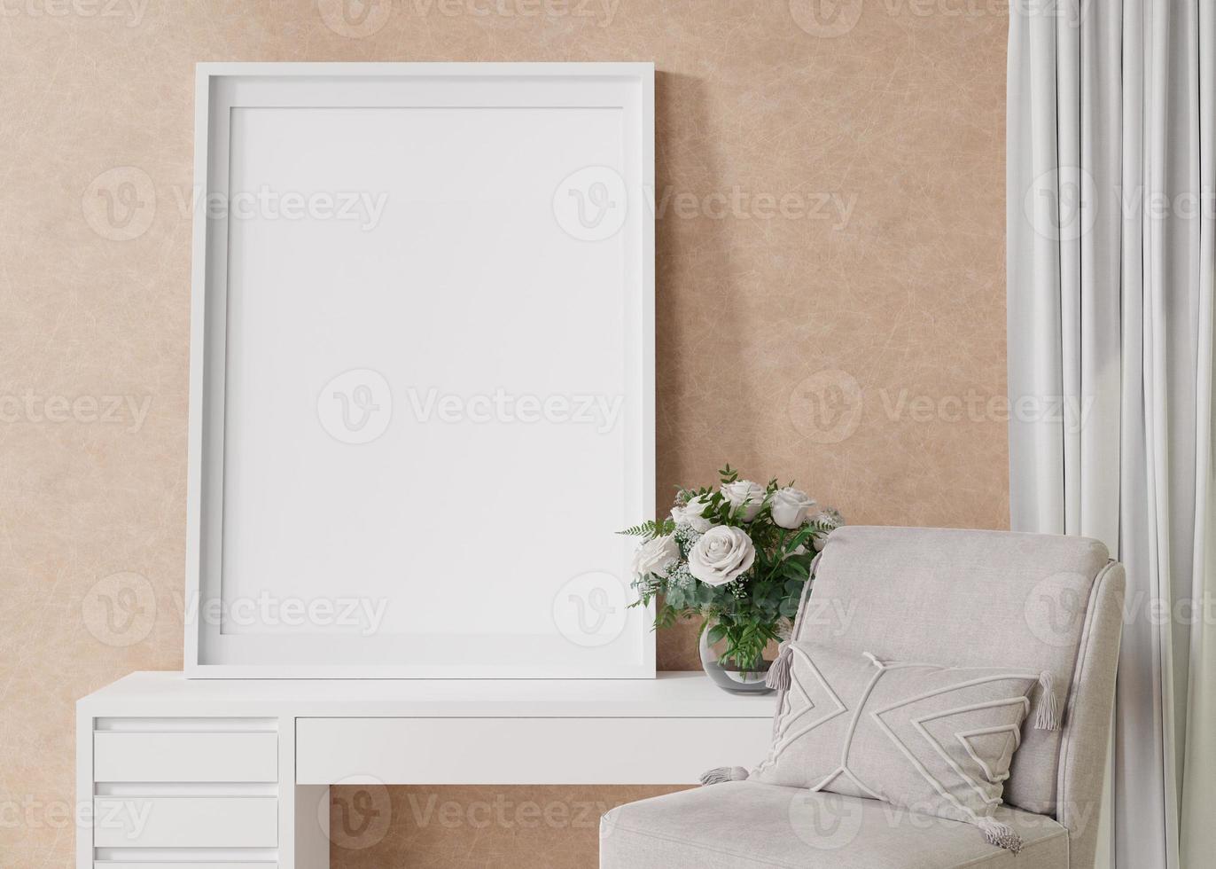 Empty vertical picture frame on brown wall in modern living room. Mock up interior in contemporary style. Free, copy space for picture. Console, flowers in vase, armchair. Close up. 3D rendering. photo