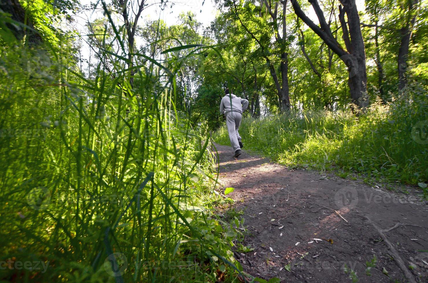 A young guy in a gray sports suit runs along the path among the photo