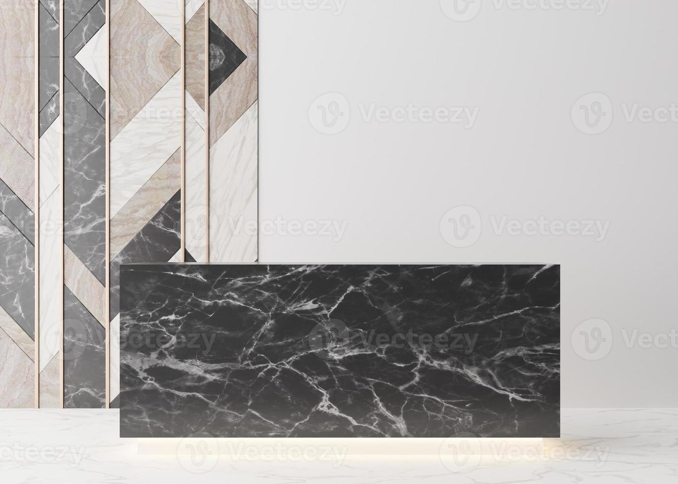 Black marble reception counter in modern room. Registration desk in hotel, spa or office. Reception mock up with copy space for branding, logo. Contemporary style. 3D rendering. photo