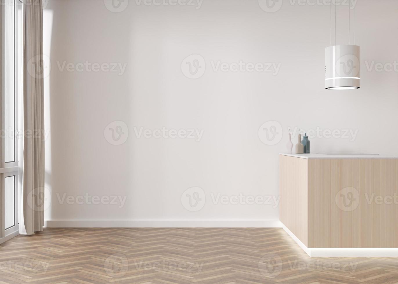 Room with parquet floor, white wall and empty space. Kitchen furniture. Mock up interior. Free, copy space for your furniture, picture, decoration and other objects. 3D rendering. photo