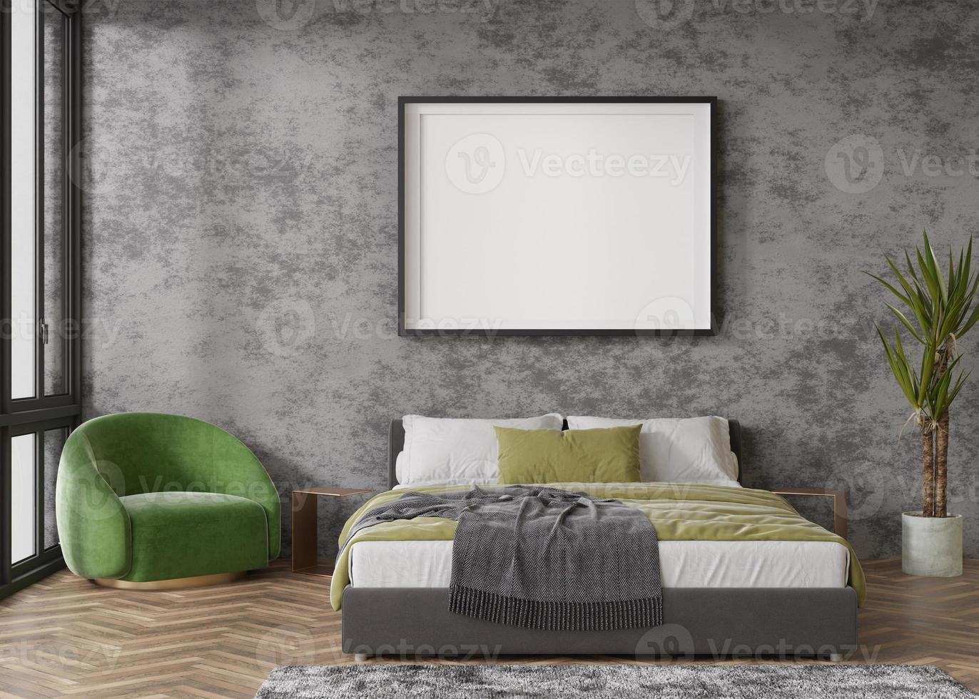 marco de imagen horizontal vacío en la pared de hormigón en el dormitorio moderno. maqueta interior en estilo contemporáneo. gratis, copia espacio para tu foto, poster. cama, planta, sillón verde. representación 3d foto