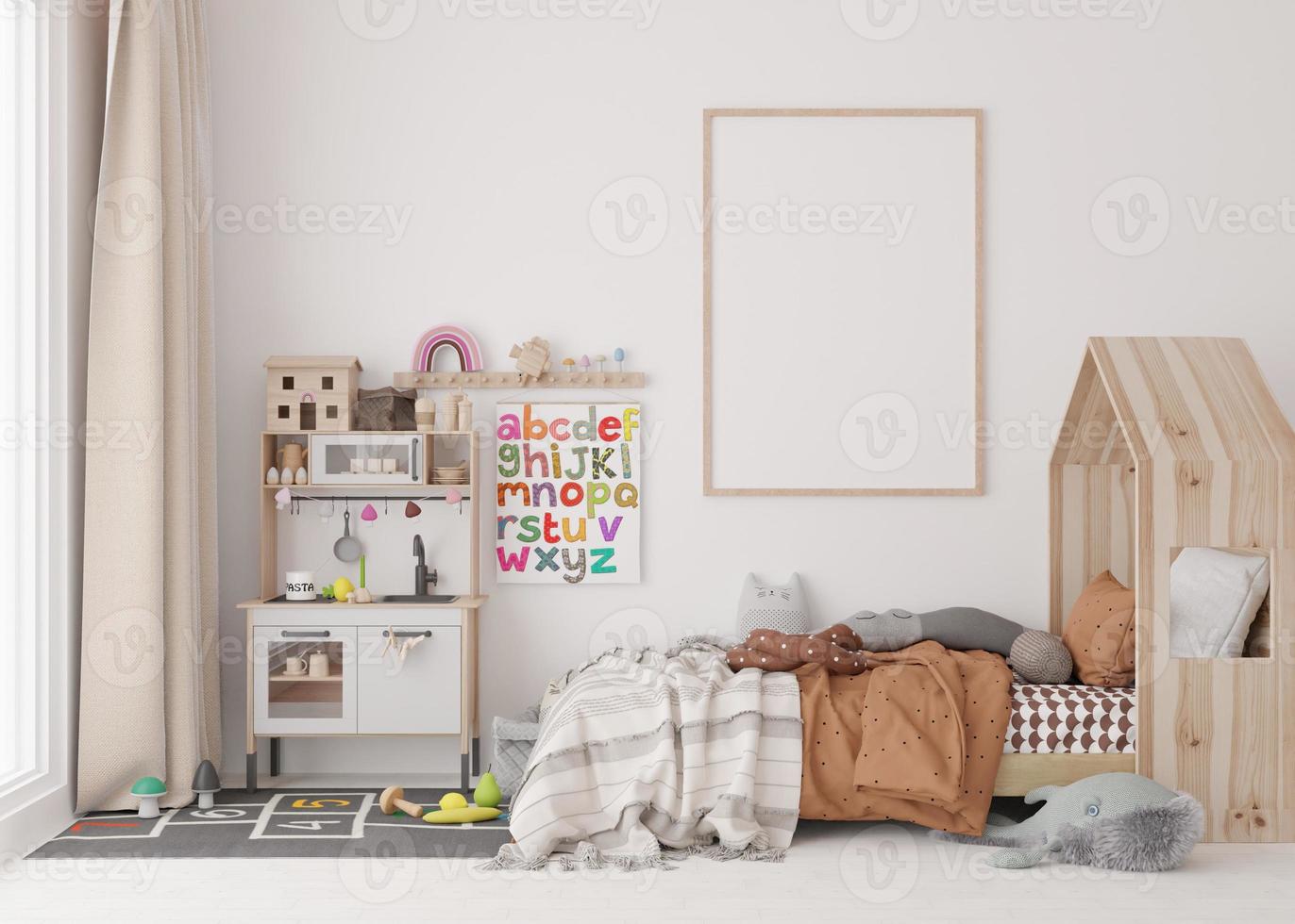 Empty vertical picture frame on white wall in modern child room. Mock up interior in scandinavian style. Free, copy space for your picture. Bed, toys. Cozy room for kids. 3D rendering. photo