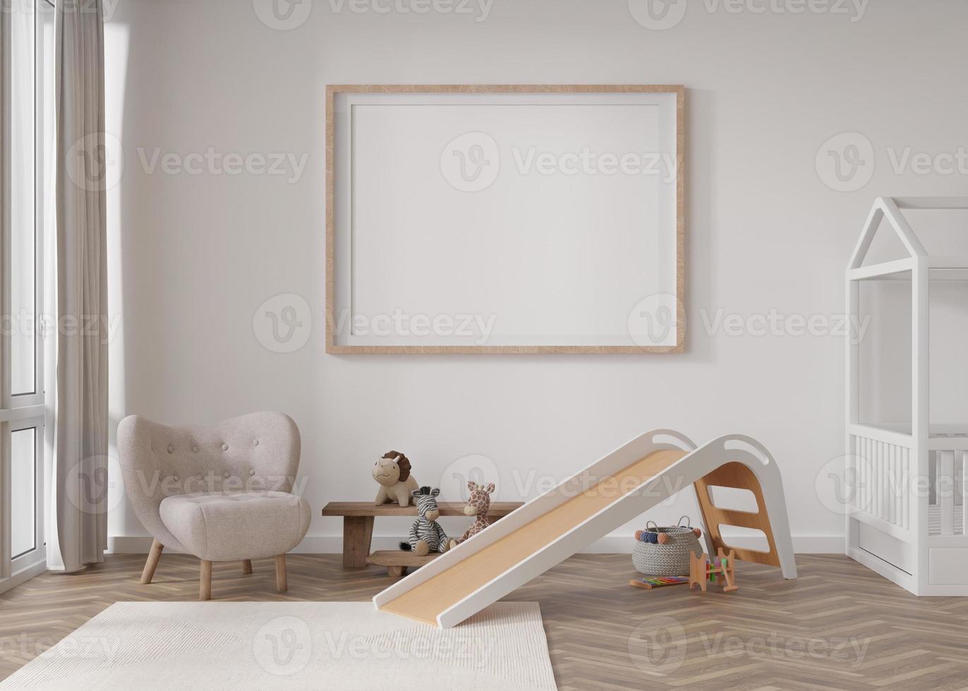 Empty horizontal picture frame on white wall in modern child room. Mock up interior in scandinavian style. Free, copy space for picture. Bed, armchair, toys. Cozy room for kids. 3D rendering. photo