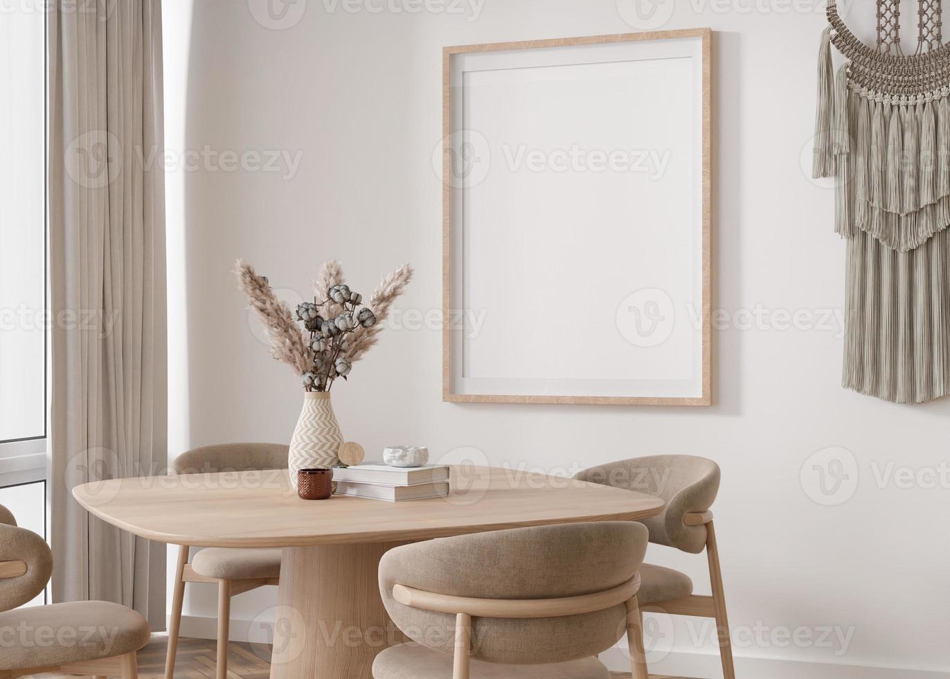 Empty vertical picture frame on white wall in modern living room. Mock up interior in scandinavian, boho style. Free, copy space for your picture. Table, macrame, vase, dried grass. 3D rendering. photo