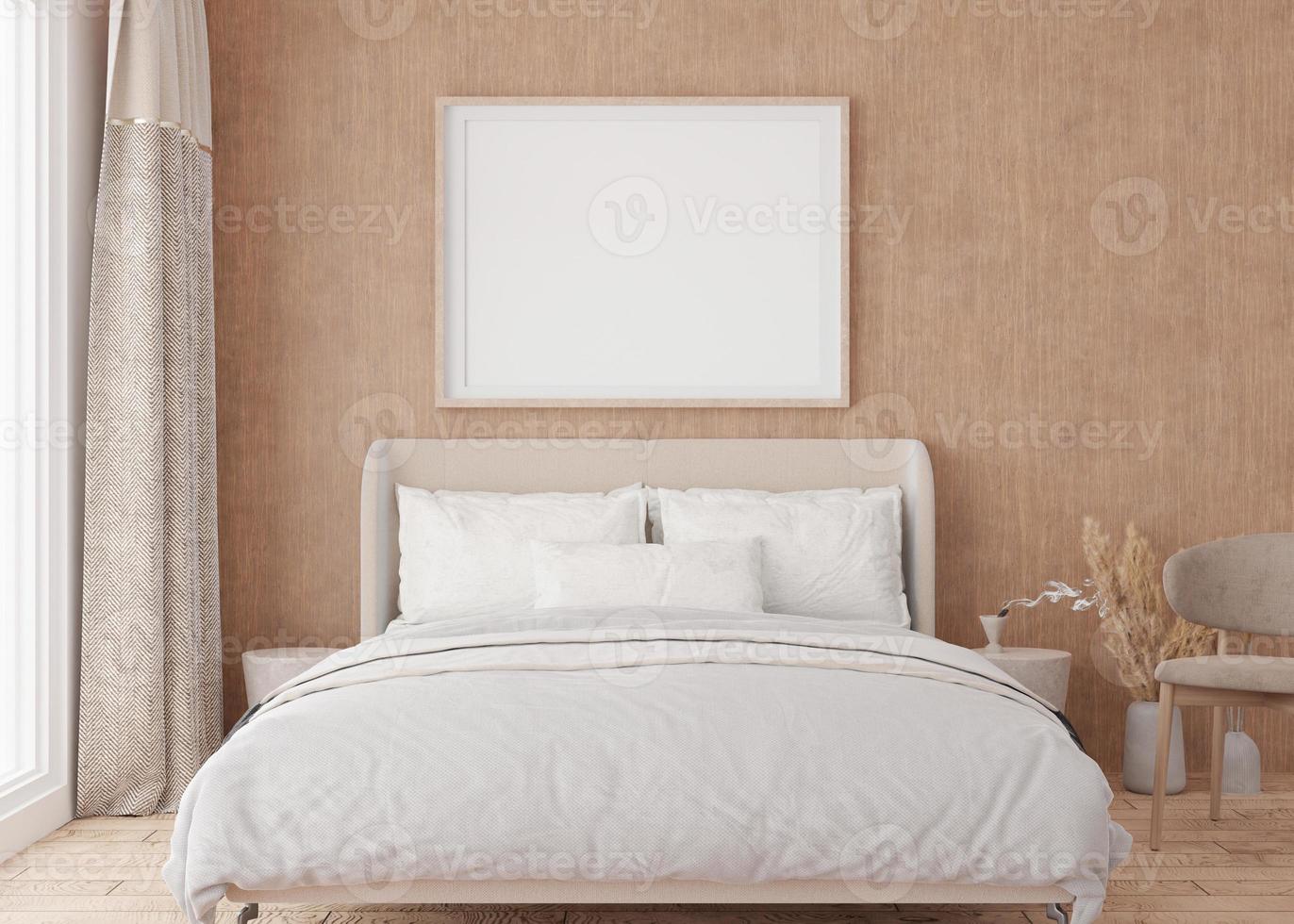 Empty picture frame on wooden wall in modern bedroom. Mock up interior in boho style. Free, copy space for your picture, poster. Bed, window and curtain, pampas grass, parquet floor. 3D rendering. photo