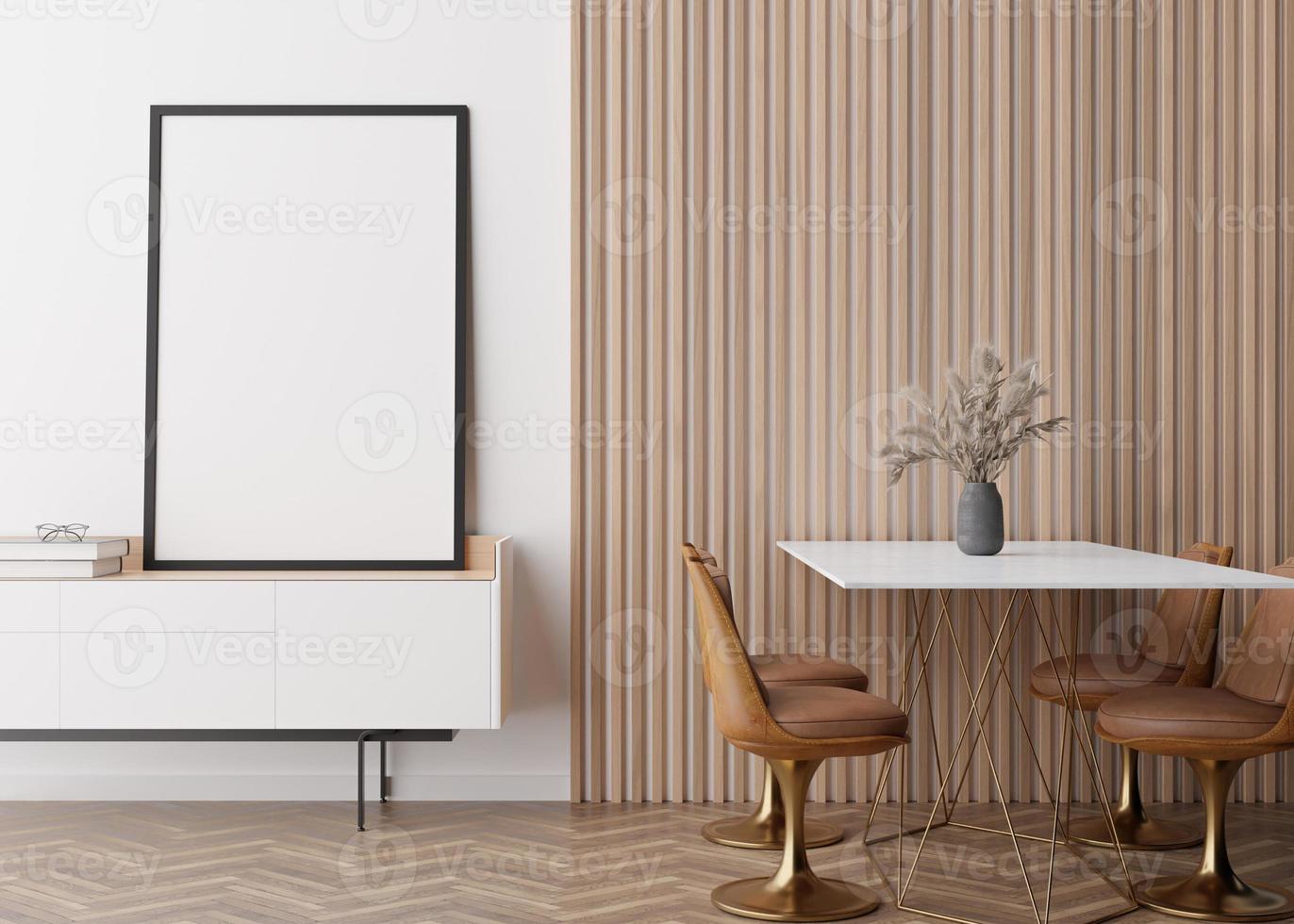 Empty vertical picture frame on white wall in modern dining room. Mock up interior in minimalist, contemporary style. Free space, copy space for your picture. Dining table, chairs, vase. 3D rendering. photo