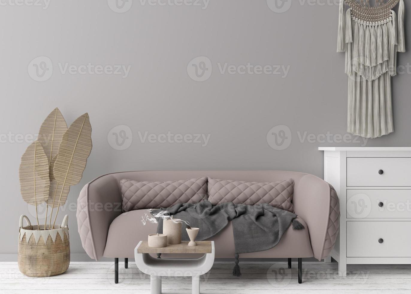 Empty gray wall in modern living room. Mock up interior in scandinavian, boho style. Free, copy space for your picture, text, or another design. Sofa, console, macrame, rattan basket. 3D rendering. photo