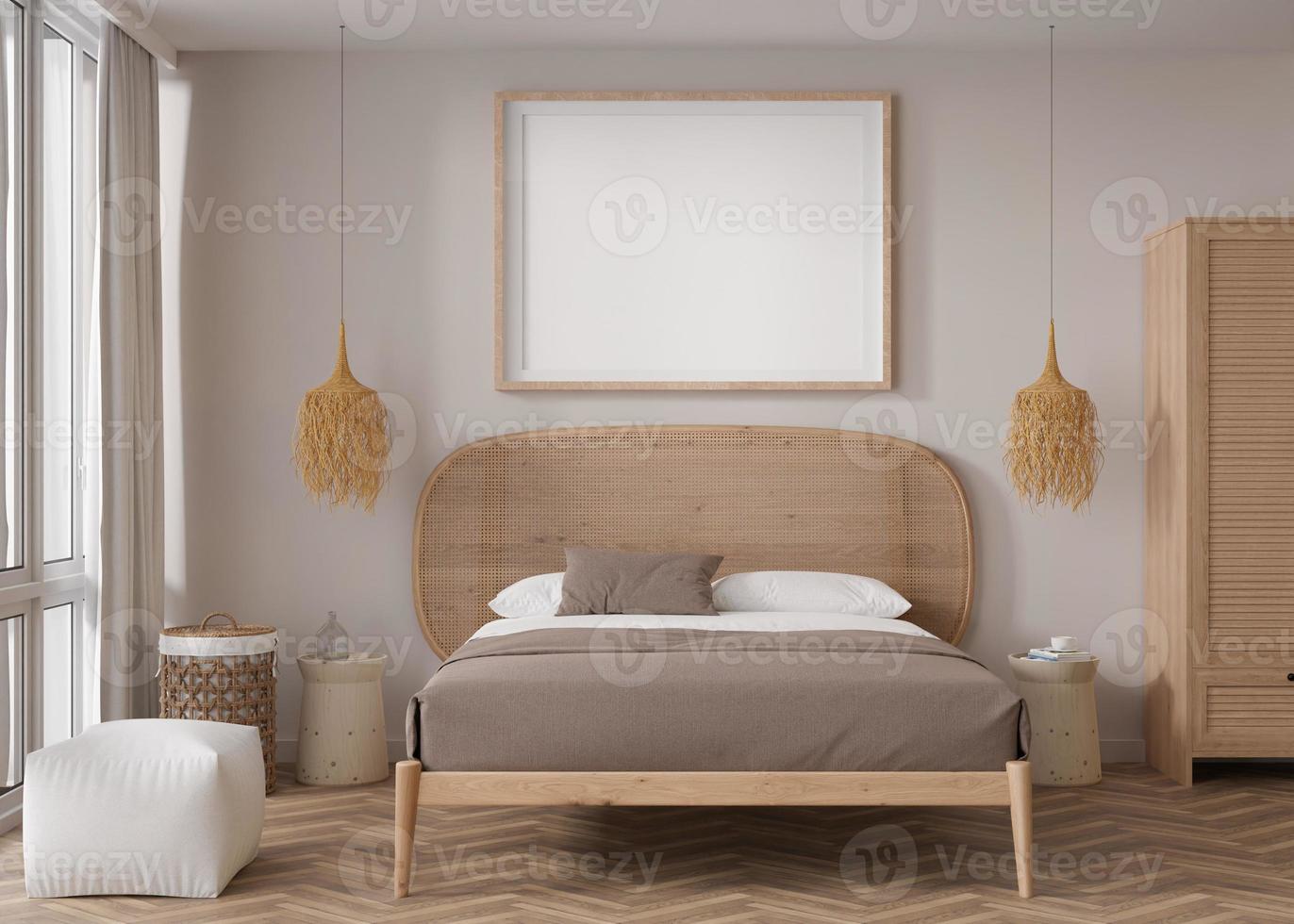 Empty horizontal picture frame on beige wall in modern bedroom. Mock up interior in boho style. Free, copy space for your picture, poster. Bed, rattan basket. 3D rendering. photo
