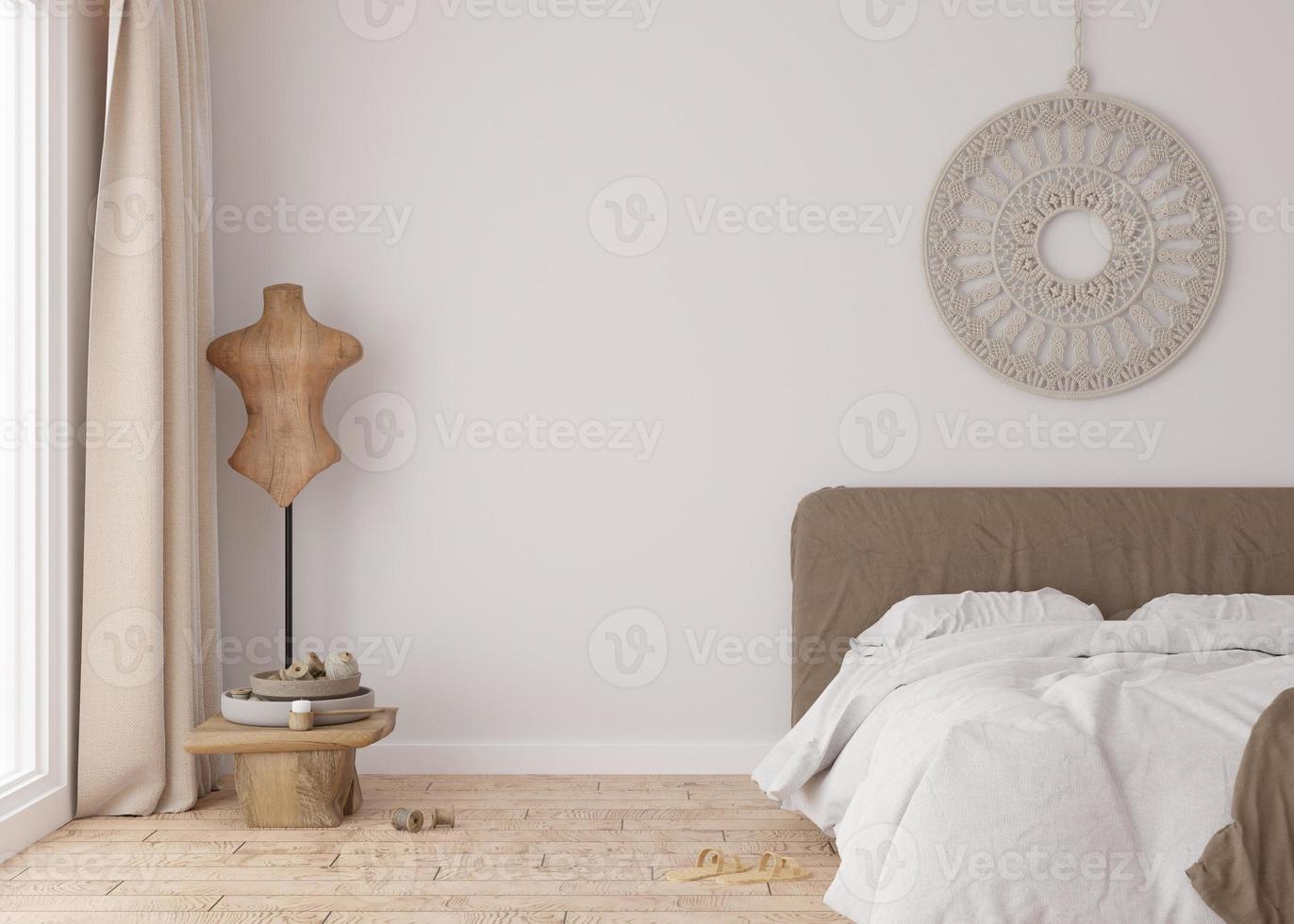 Empty white wall in modern bedroom. Mock up interior in scandinavian, boho style. Free, copy space for your picture, text, or another design. Bed, macrame. 3D rendering. photo