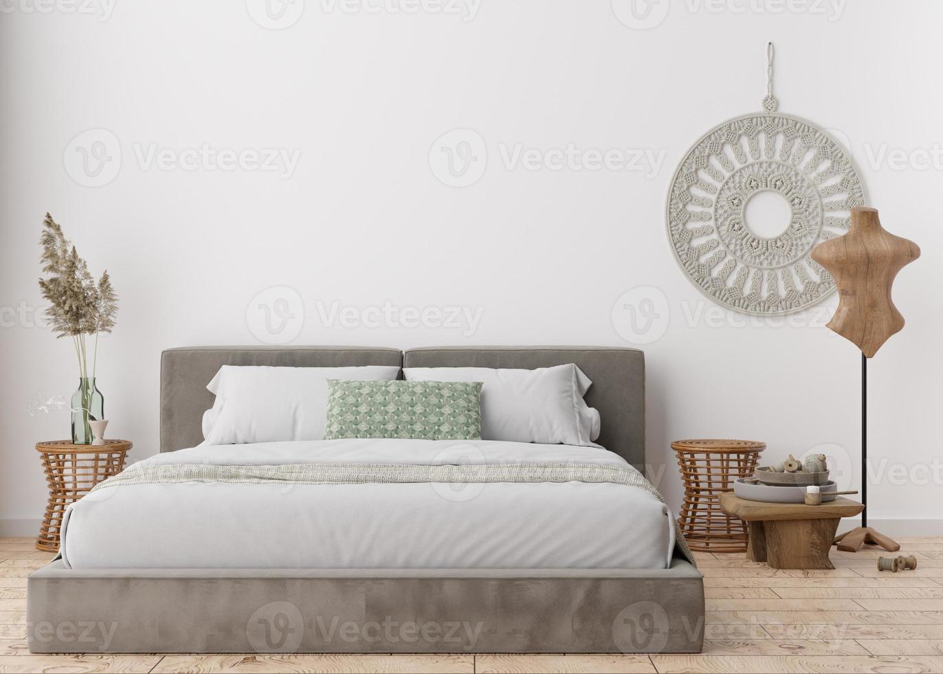 Empty white wall in modern bedroom. Mock up interior in scandinavian, boho style. Free, copy space for your picture, text, or another design. Bed, macrame, pampas grass. 3D rendering. photo