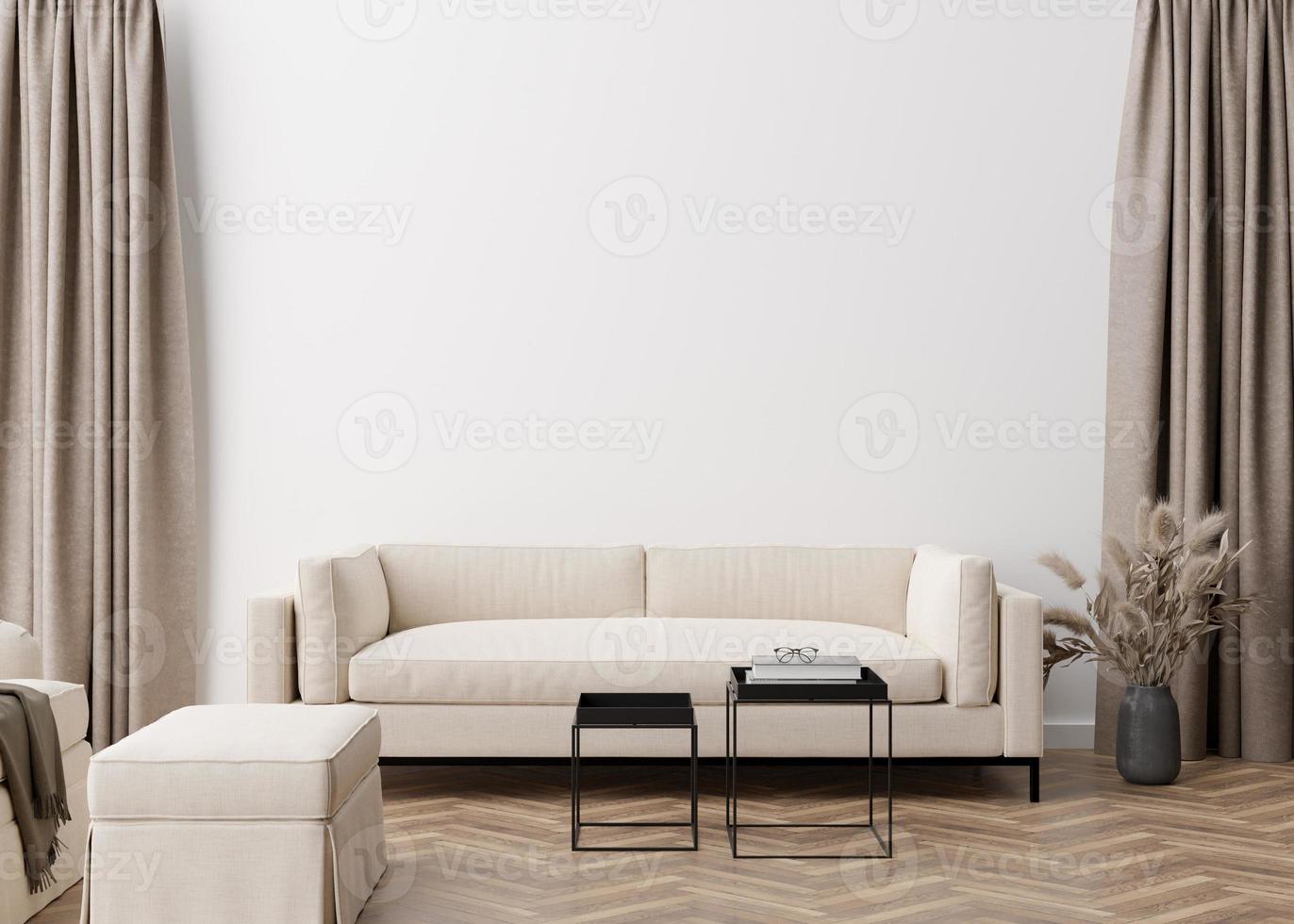 Empty white wall in modern living room. Mock up interior in contemporary, scandinavian style. Free, copy space for picture, poster, text, or another design. Sofa, table, pampas grass. 3D rendering. photo