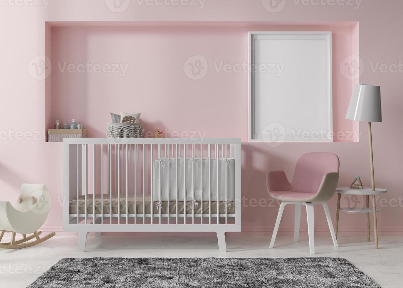 Empty vertical picture frame on pink wall in modern child room. Mock up interior in scandinavian style. Free, copy space for your picture, poster. Bed, toys. Cozy room for kids. 3D rendering. photo