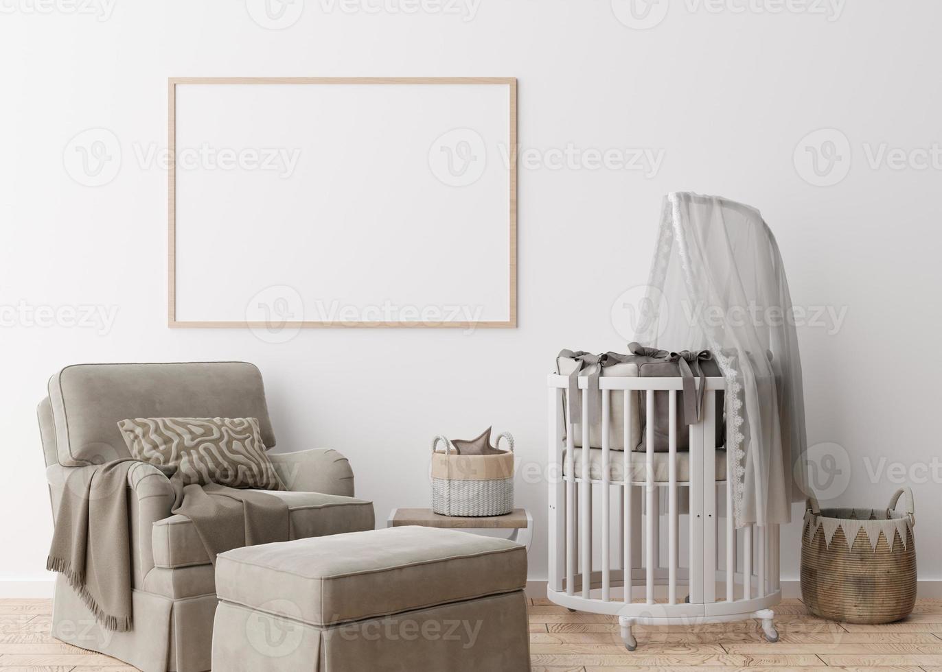 Empty horizontal picture frame on white wall in modern child room. Mock up interior in scandinavian style. Free, copy space for your picture. Baby bed, armchair. Cozy room for kids. 3D rendering. photo