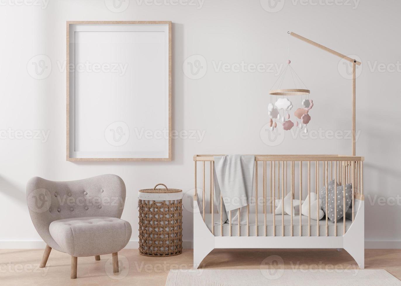 Empty vertical picture frame on white wall in modern child room. Mock up interior in scandinavian style. Free, copy space for your picture. Baby bed, armchair. Cozy room for kids. 3D rendering. photo