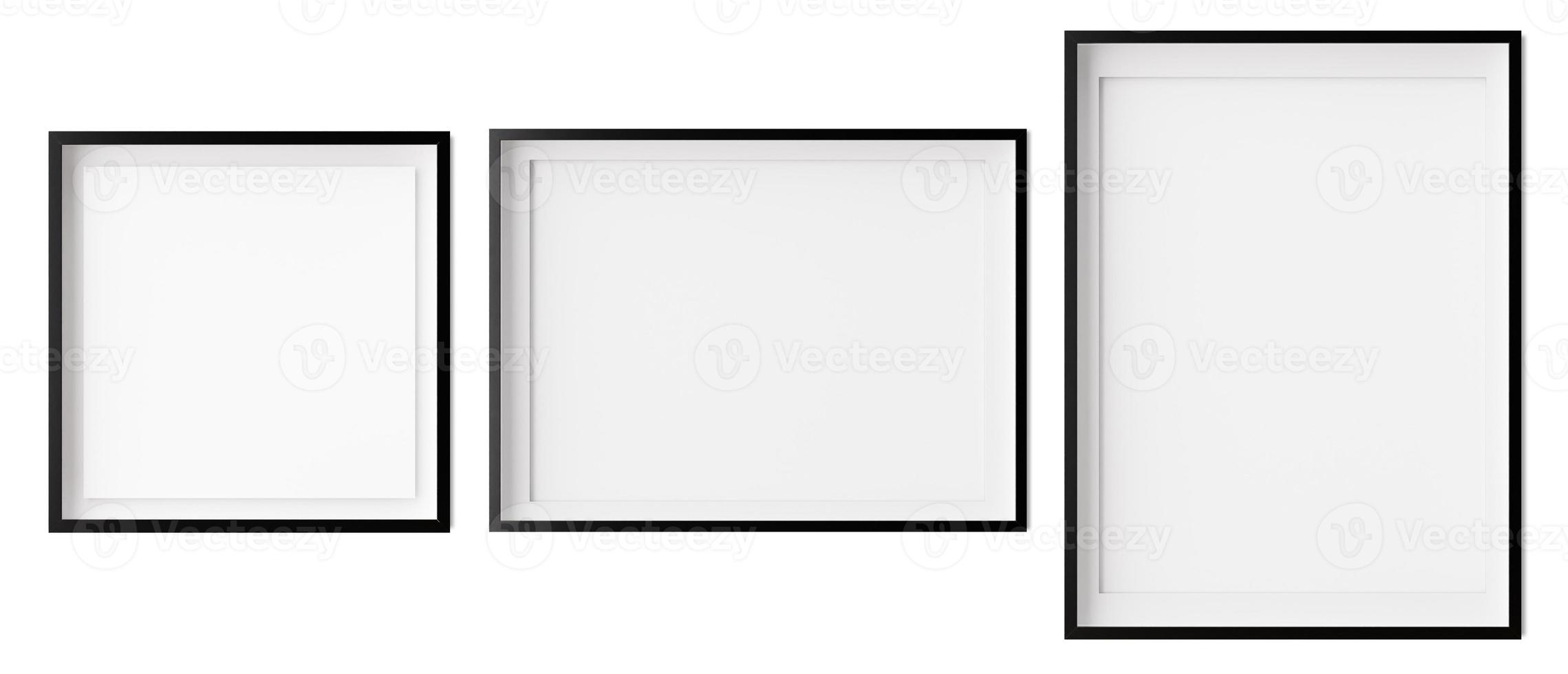 Set of square, horizontal und vertical picture frames isolated on white background. Black frames with white paper border inside. Template, mockup for your picture or poster. 3d rendering. photo