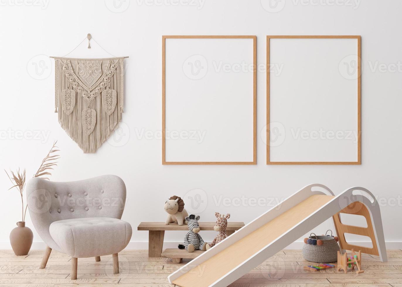 Two empty vertical picture frames on white wall in modern child room. Mock up interior in scandinavian, boho style. Free, copy space for your picture. Macrame, toys. Cozy room for kids. 3D rendering. photo