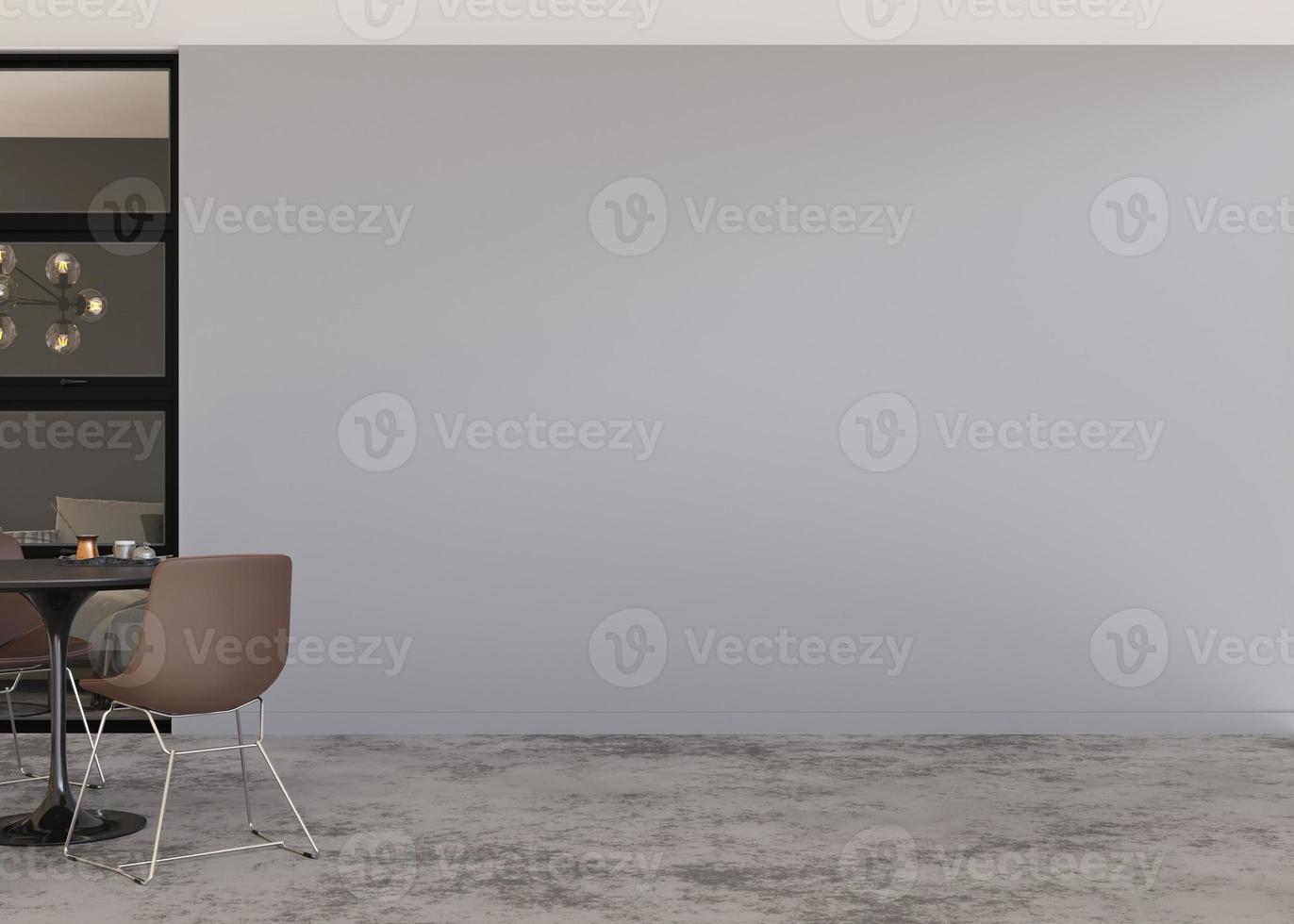 Room with concrete floor, gray wall and empty space. Table with chairs. Mock up interior. Free, copy space for your furniture, picture, decoration and other objects. 3D rendering. photo