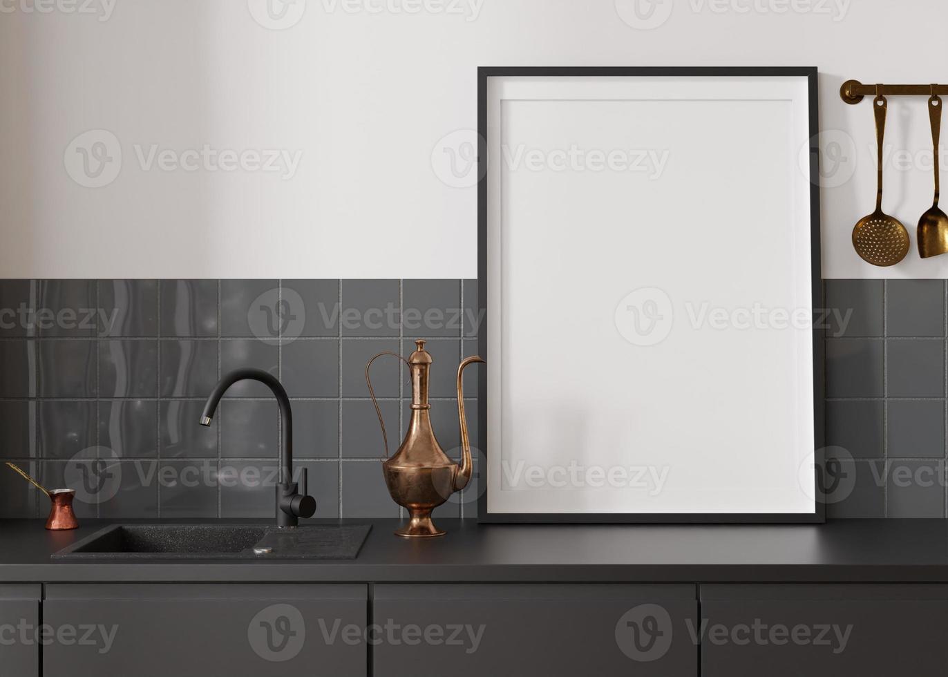 Empty vertical picture frame standing in modern kitchen. Mock up interior in minimalist, contemporary style. Free, copy space for your picture, poster. Close up view. 3D rendering. photo