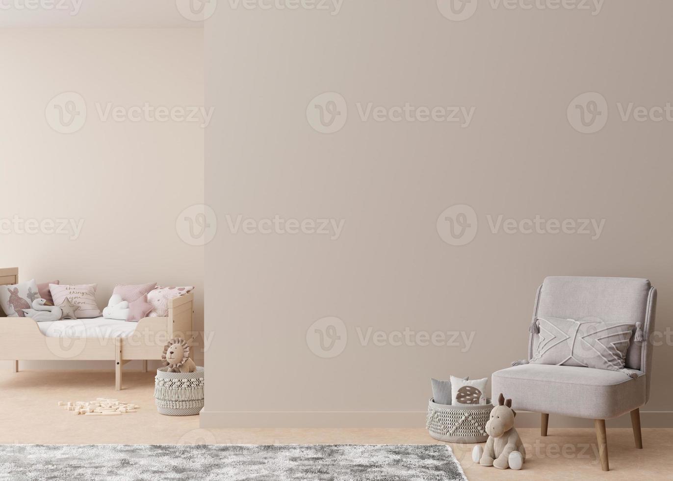 Empty cream wall in modern child room. Mock up interior in scandinavian style. Copy space for your picture or poster. Bed, armchair, toys. Cozy room for kids. 3D rendering. photo