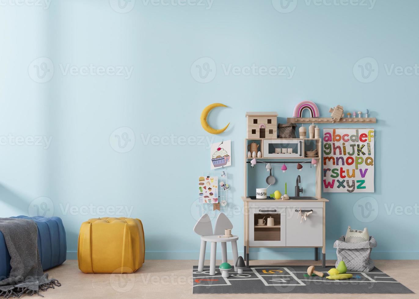 Empty light blue wall in modern child room. Mock up interior in scandinavian style. Copy space for your picture or poster. Cozy room for kids. 3D rendering. photo