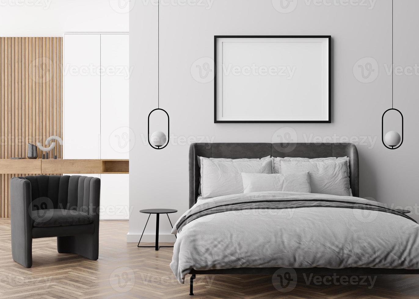 marco de imagen vacío en la pared blanca en el dormitorio moderno. maqueta interior en estilo contemporáneo. gratis, copia espacio para tu foto, poster. cama, lámparas. representación 3d foto