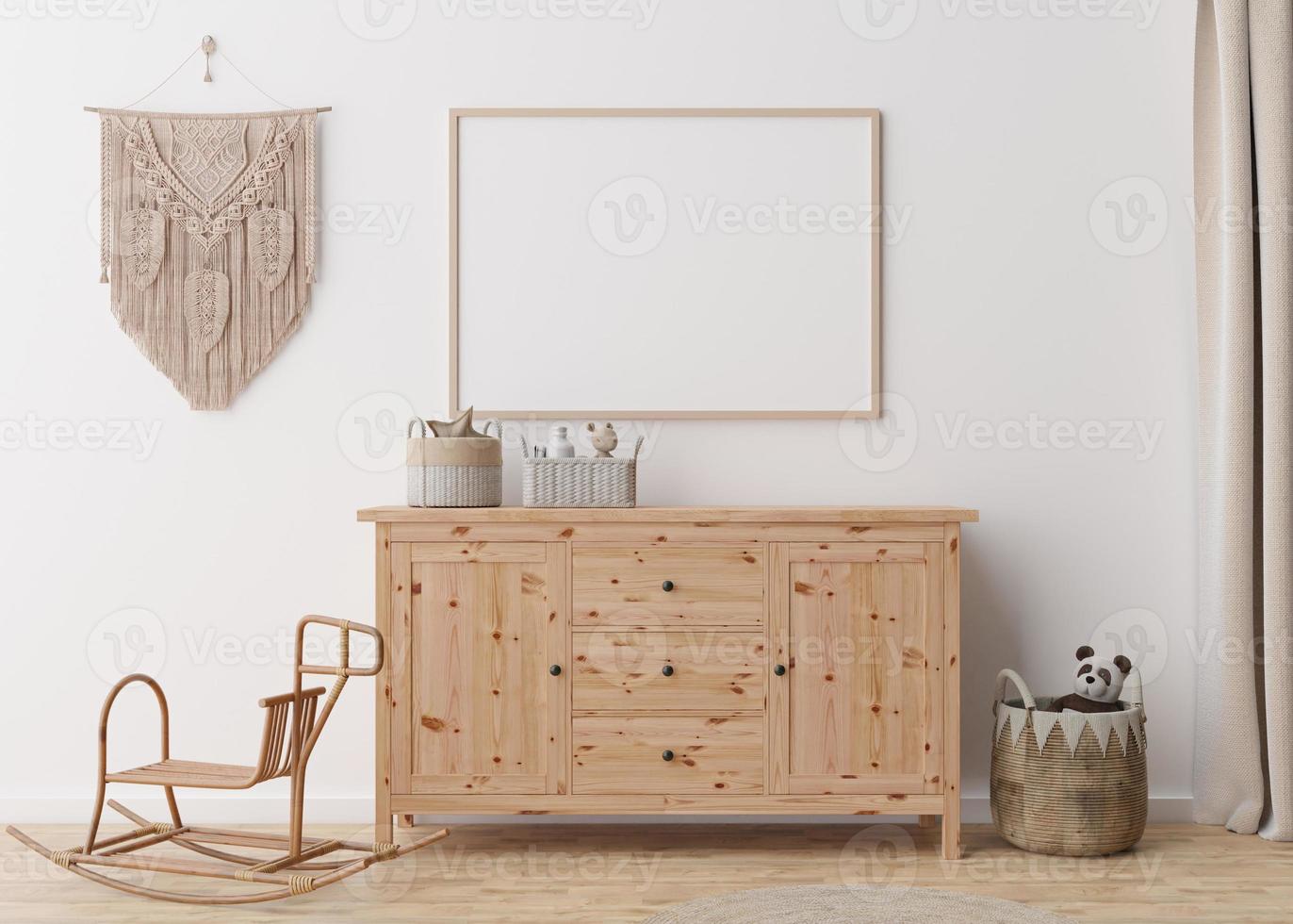 Empty horizontal picture frame on white wall in modern child room. Mock up interior in scandinavian, boho style. Free, copy space for picture. Rattan basket, macrame. Cozy room for kids. 3D rendering. photo