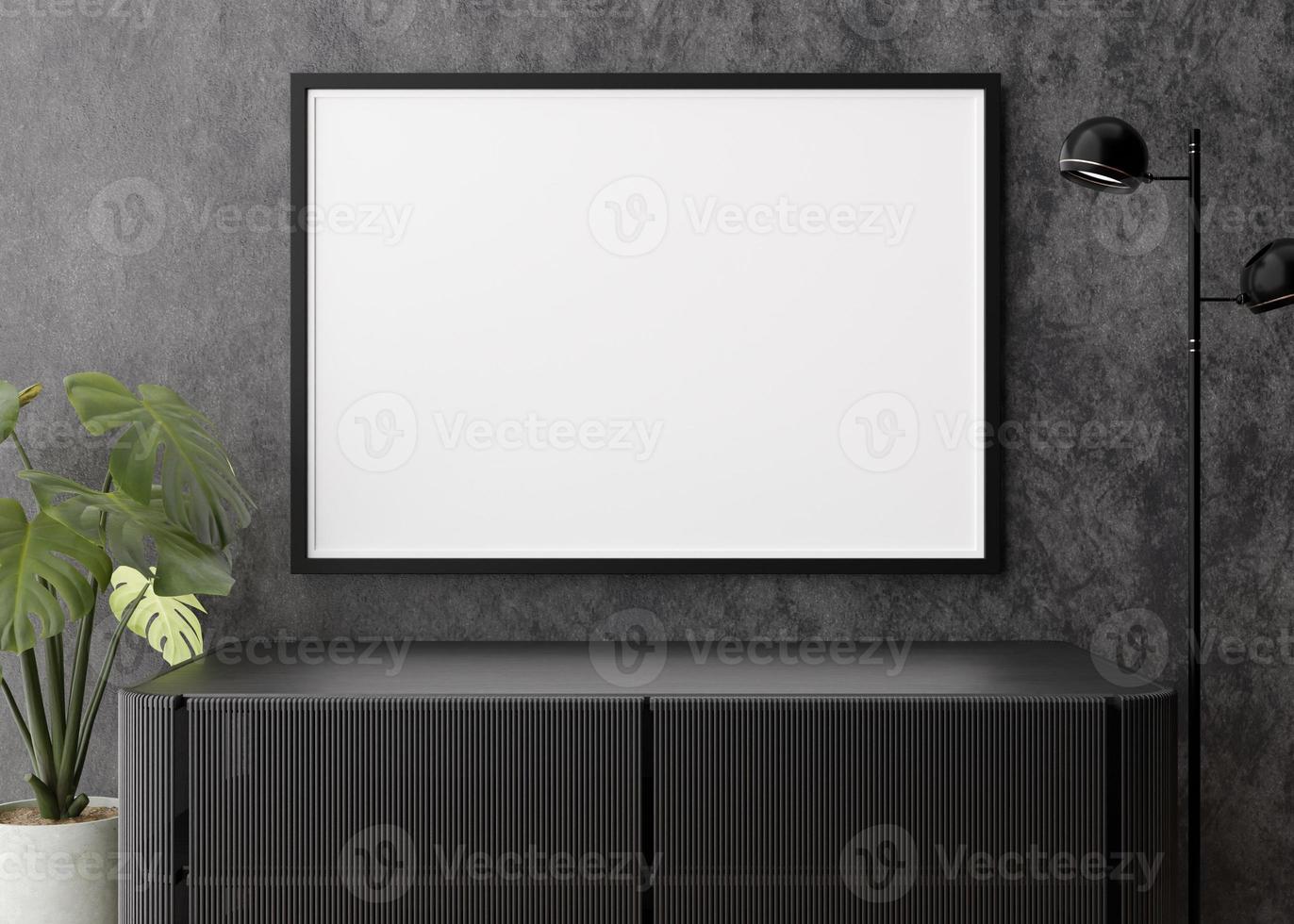 Empty horizontal picture frame on dark wall in modern living room. Mock up interior in contemporary style. Free, copy space for your picture, poster. Console, lamp, monstera plant. 3D rendering. photo