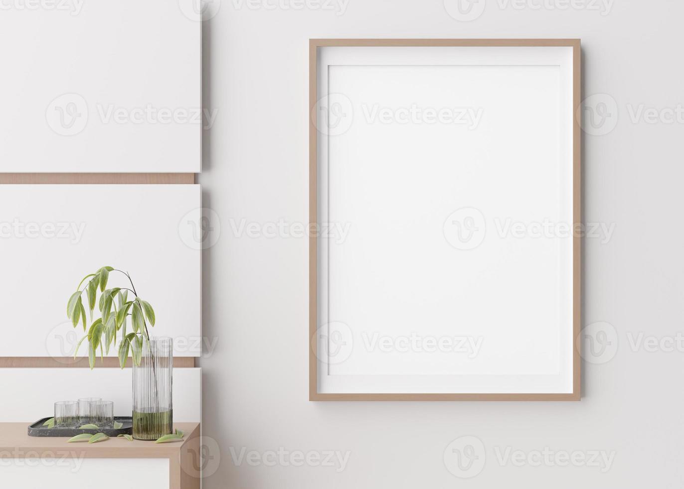Blank vertical picture frame hanging on white wall. Template, mock up for your artwork, picture or poster. Empty, copy space. Close up view. Simple, minimalist mockup. 3D rendering. photo