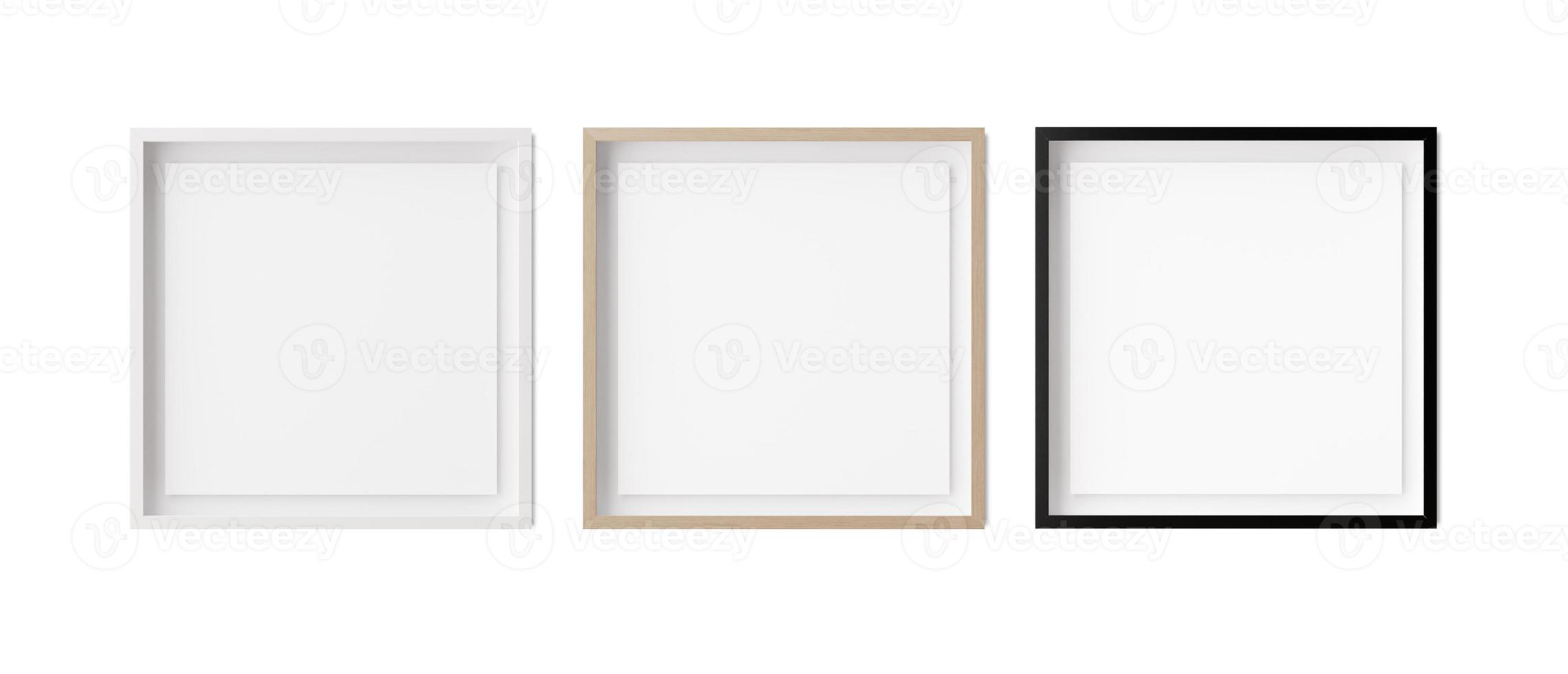 Set of square picture frames isolated on white background. White, wooden and black frames with white paper border inside. Template, mockup for your picture or poster. 3d rendering. photo