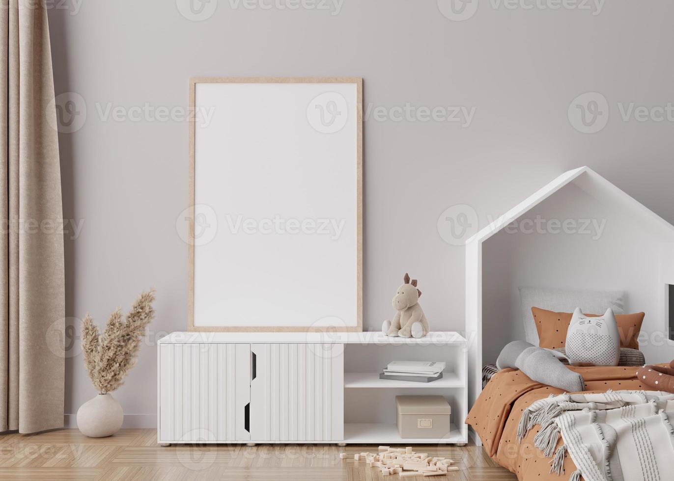 Empty vertical picture frame on cream wall in modern child room. Mock up interior in scandinavian style. Free, copy space for your picture. Bed, console, pampas grass. Cozy room for kids. 3D rendering photo