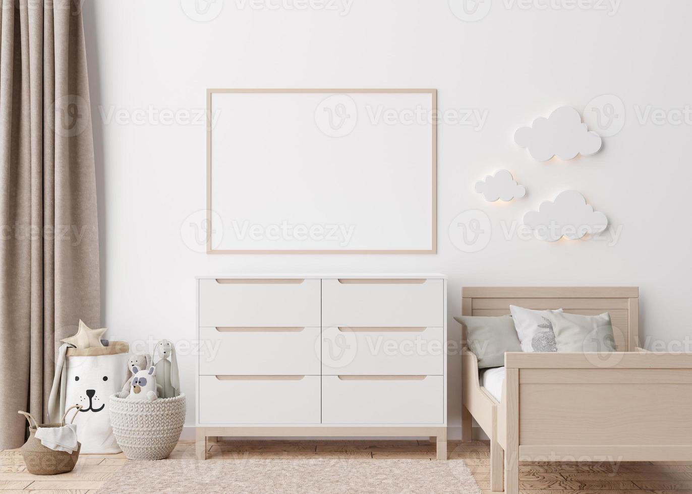 Empty horizontal picture frame on white wall in modern child room. Mock up interior in scandinavian style. Free, copy space for your picture. Bed, console, toys. Cozy room for kids. 3D rendering. photo