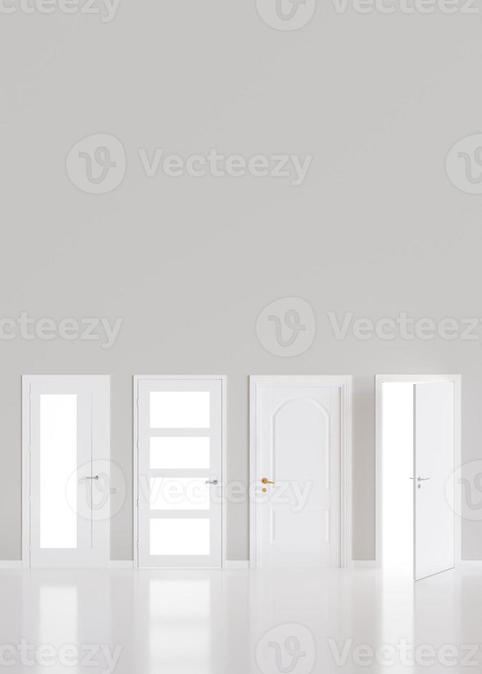 Modern white doors in empty room. Copy space for text, advertising. Production and trade of interior doors. Stylish internal door. Manufacture and sale. Vertical layout. 3D rendering. photo
